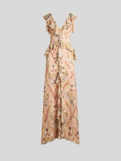 ETRO , LANGES KLEID AUS BEDRUCKTER SEIDE, DAMEN, PULVERPINKEL, GRÖSSE 44