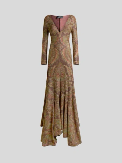 Etro , Langes Kleid Aus Jersey Mit Floralem Motiv, Damen, Braun, Grösse 44 In Brown