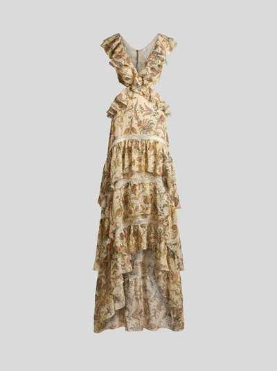 Etro , Langes Kleid Aus Plumetis-seide Mit Volant Und Floralem Motiv, Damen, Beige, Grösse 46 In Brown