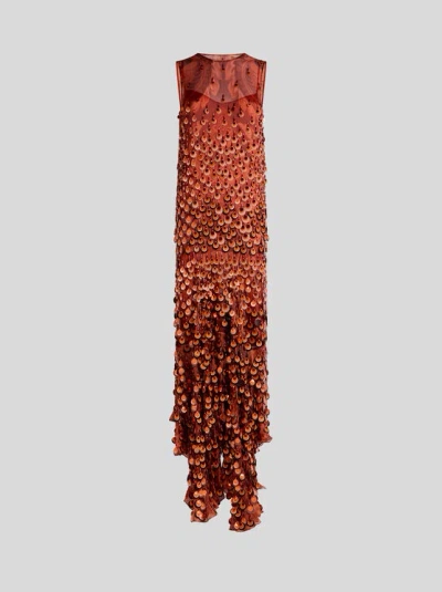 ETRO , LANGES KLEID AUS SEIDE MIT AUFGESTICKTEN PAILLETTEN, DAMEN, ORANGE, GRÖSSE 44
