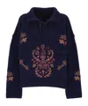 Etro Lace-up Embroidered Sweater In Blue