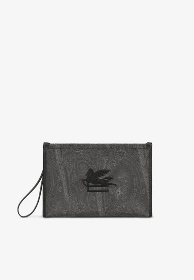 Etro Large Arnica Paisley Jacquard Pouch Bag In Black