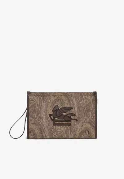 Etro Large Arnica Paisley Jacquard Pouch Bag In Brown