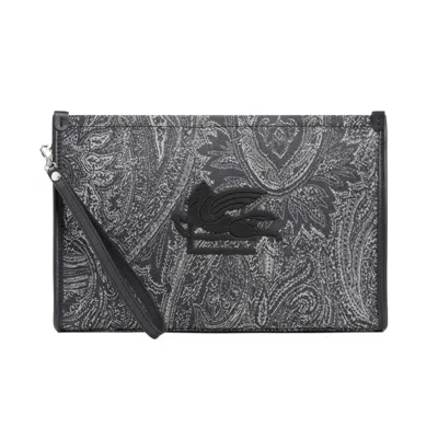 Etro Large Blue Cotton Pouch In Grey