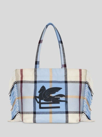 Etro Large Check Jacquard Soft Trotter Tote Bag With Fringing In Blue