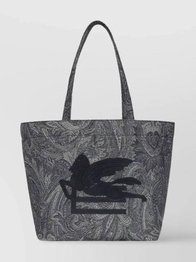 Etro Large Denim Trotter Shopping Bag In Black