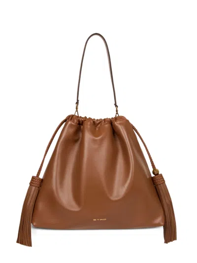 Etro Large Kalispera Tassels Leather Shoulder Bag In Brown