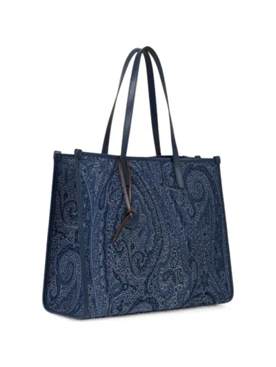Etro Large Love Trotter Bag In Jacquard Denim With Paisley Motif In Blue