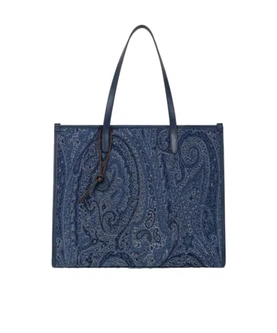 Etro Large Love Trotter Bag In Jacquard Denim With Paisley Motif In Blue