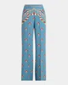 Etro Largo Floral Paisley Silk Straight-leg Pants In Blue