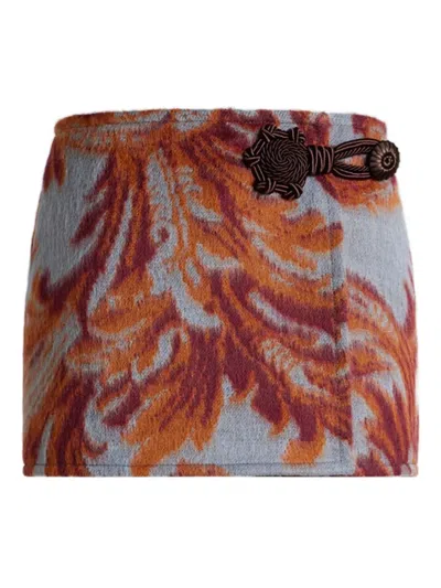 Etro Leaf-print Belted Mini Skirt In Gray