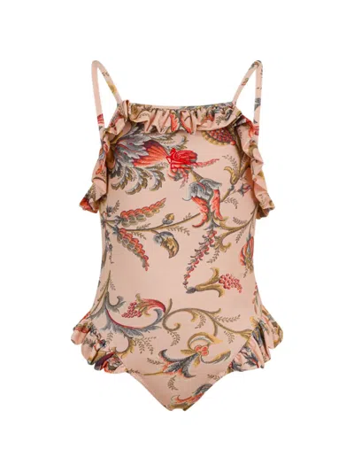 Etro Babies' Leafy Floral-print Ruffled Swimsuit In Pink