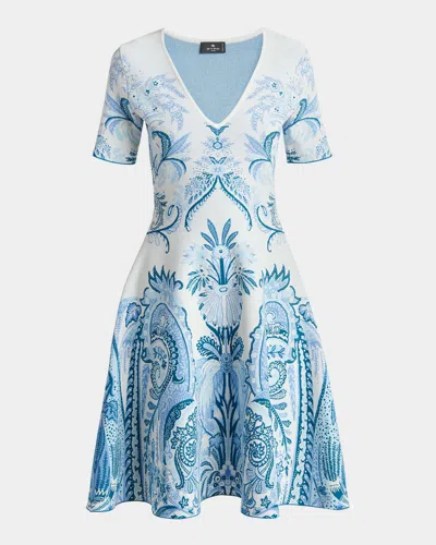 Etro Leafy Paisley Jacquard Short-sleeve A-line Dress In Blue