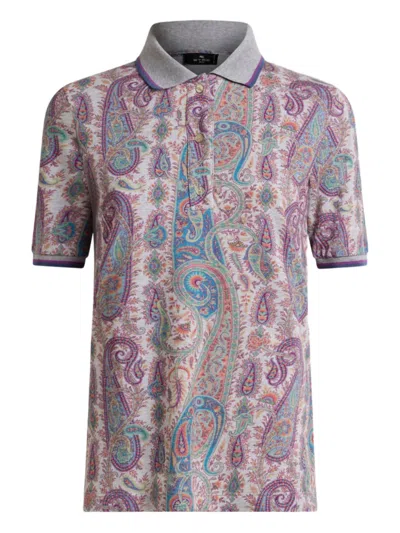 Etro Leafy Paisley-motif Cotton Polo Top In Gray