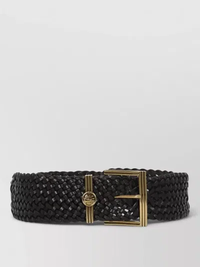 Etro Leather Belt Gold Tone Buckle Braided In Black