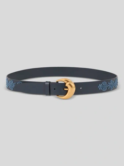 Etro , Leather Belt With Embroidered Motif, Woman, Navy Blue, Size Xs