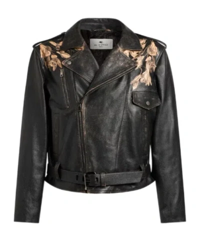 ETRO LEATHER BIKER JACKET WITH PLACED LEOPARD PRINT