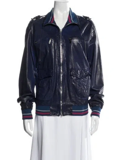 Pre-owned Etro Leather Bomber Jacket In Blue