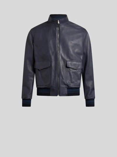 Etro Leather Bomber Jacket In Navyblau