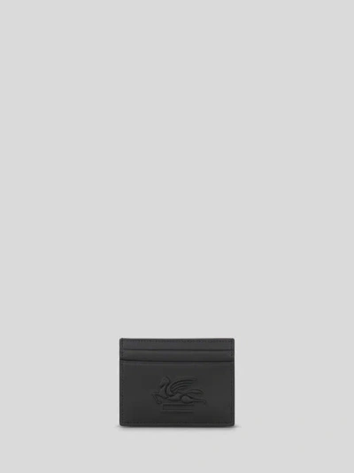 Etro Leather Card Holder With Pegaso In Black