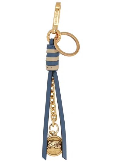 Etro Leather Charm With Chain And Pegaso Coin In Blue