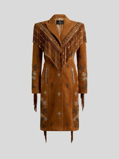 Etro , Leather Coat With Studs And Fringing, Woman, Camel, Size 44 In Brown