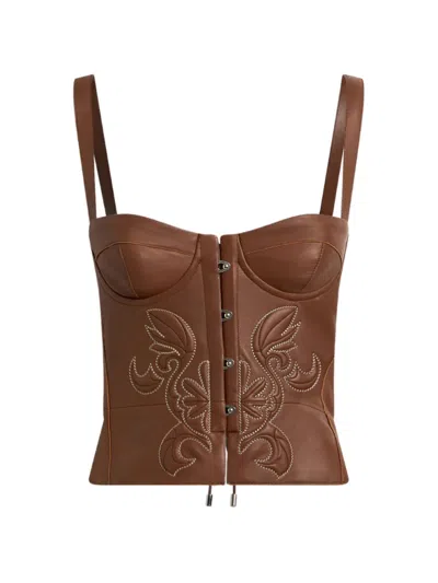 Etro Leather Corset Top With Topstitched Motif In Brown