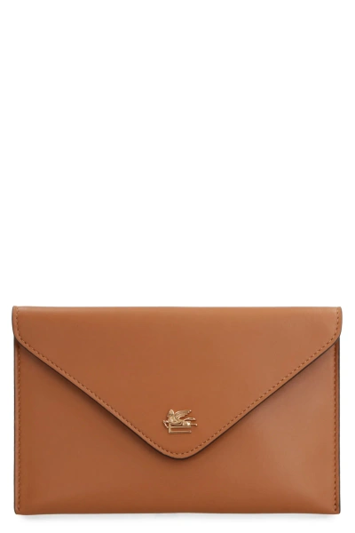 Etro Leather Flat Pouch In Saddle Brown