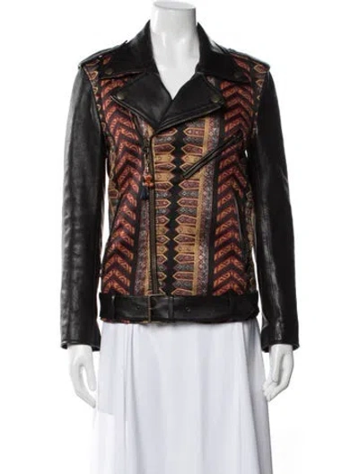 Pre-owned Etro Leather Patterned Biker Jacket In Black