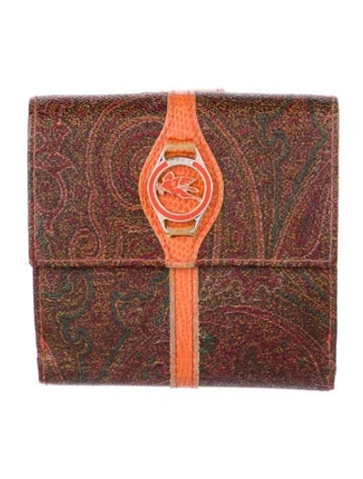 Pre-owned Etro Leather Printed Compact Wallet In Orange