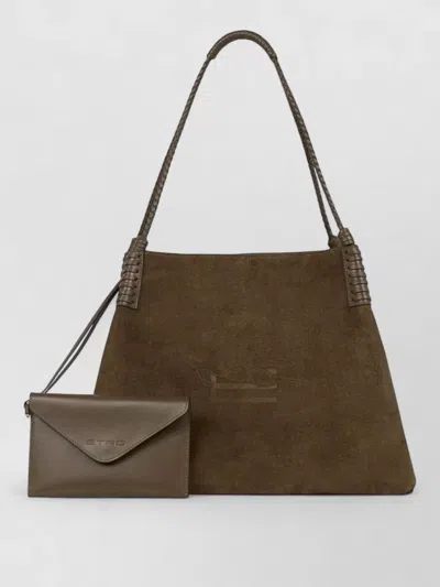 Etro Leather Tote Bag Braided Shoulder Strap In Brown