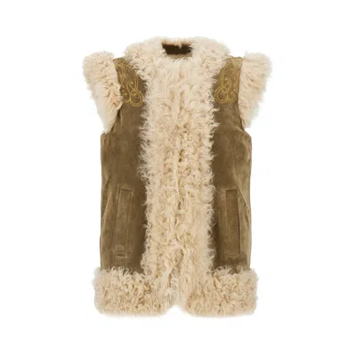 Etro Leather Vest With Paisley Emrboidery In Khaki