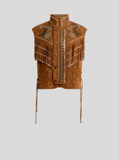 Etro , Leather Waistcoat With Studs And Fringing, Woman, Camel, Size 44 In Brown