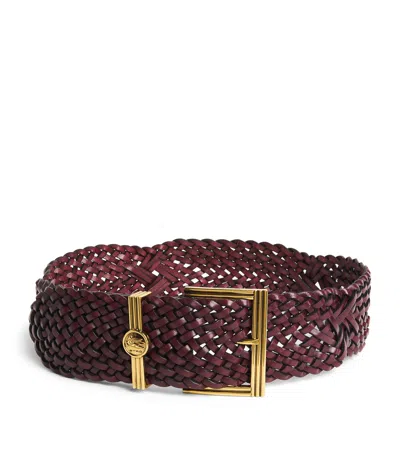 Etro Leather Woven Coin Buckle Belt In Burgundy