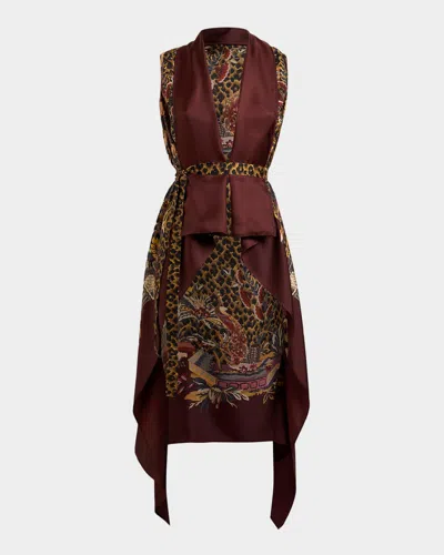 Etro Leopard & Avian Print Silk Foulard Vest In Print On Maroon