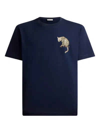 Etro Leopard Print Embroidery Cotton T-shirt In Blue