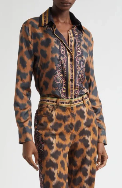 Etro Leopard Silk Twill Button-up Shirt In Brown