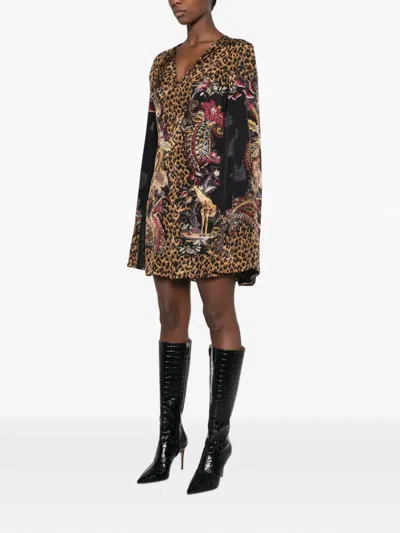 Etro Leopard-print Cape-sleeve Dress In Black