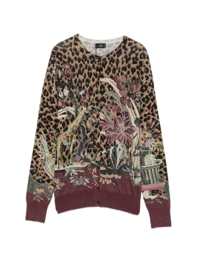 Etro Leopard-print Floral-intarsia Cardigan In Multi