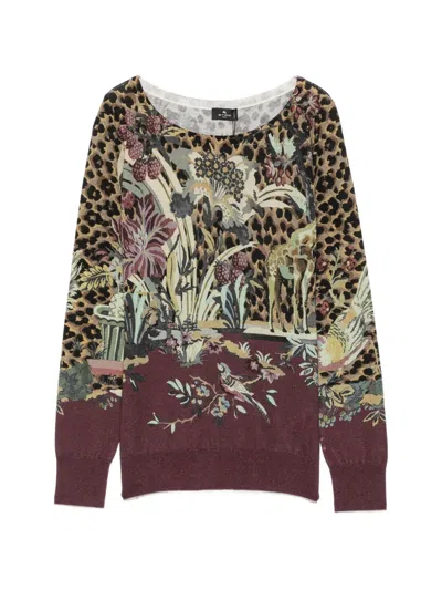 Etro Leopard-print Floral-pattern Sweater In Burgundy