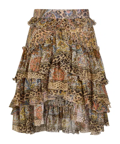 Etro Leopard-print Frill Silk Mini Skirt In Brown