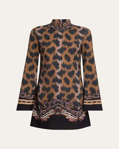 Etro Leopard-print Long-sleeve Mini Tunic Dress In Brown