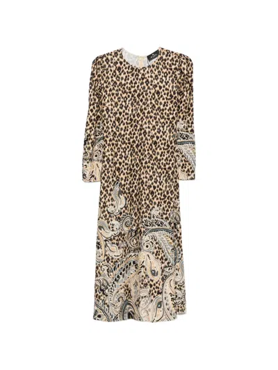 Etro Abito Midi In Viscosa Stampa Animalier In Brown