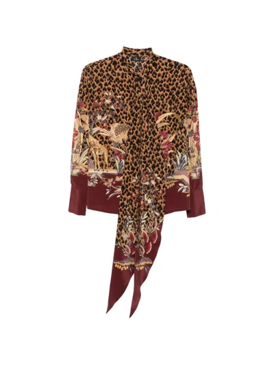 Etro Silk Shirt Bow Tie Floral Leopard In Brown