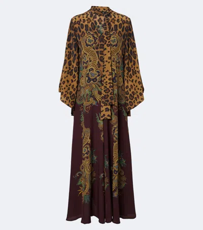 Etro Leopard-print Tie-neck Silk Maxi Dress In Brown