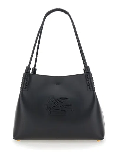 Etro 'libra' Black Shopper With Tone On Tone Pegaso Motif In Leather Woman