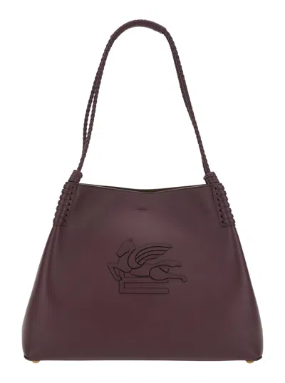 Etro Libra Bordeaux Big Shoulder Bag With Logo Embroidery On The Front And Braided Handles In Leather Wom