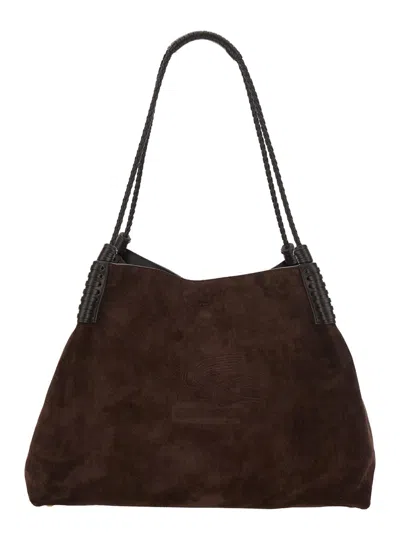 Etro Libra Brown Big Shoulder Bag With Logo Embroidery On The Front And Braided Handles In Suede Woman
