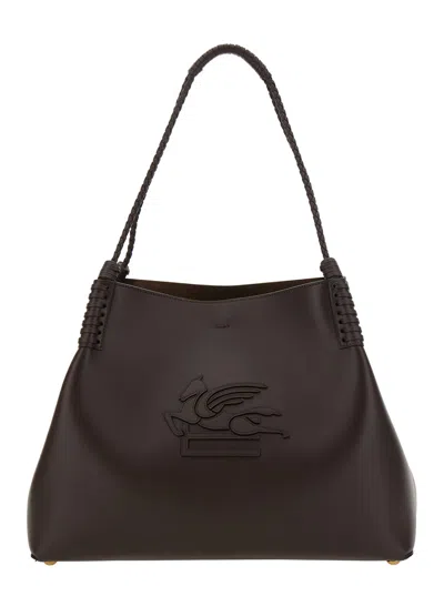 Etro Libra Brown Shoulder Bag With Maxi Logo On The Front In Leather Woman
