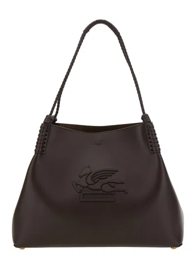 ETRO ETRO 'LIBRA' BROWN SHOULDER BAG WITH MAXI LOGO ON THE FRONT IN LEATHER WOMAN